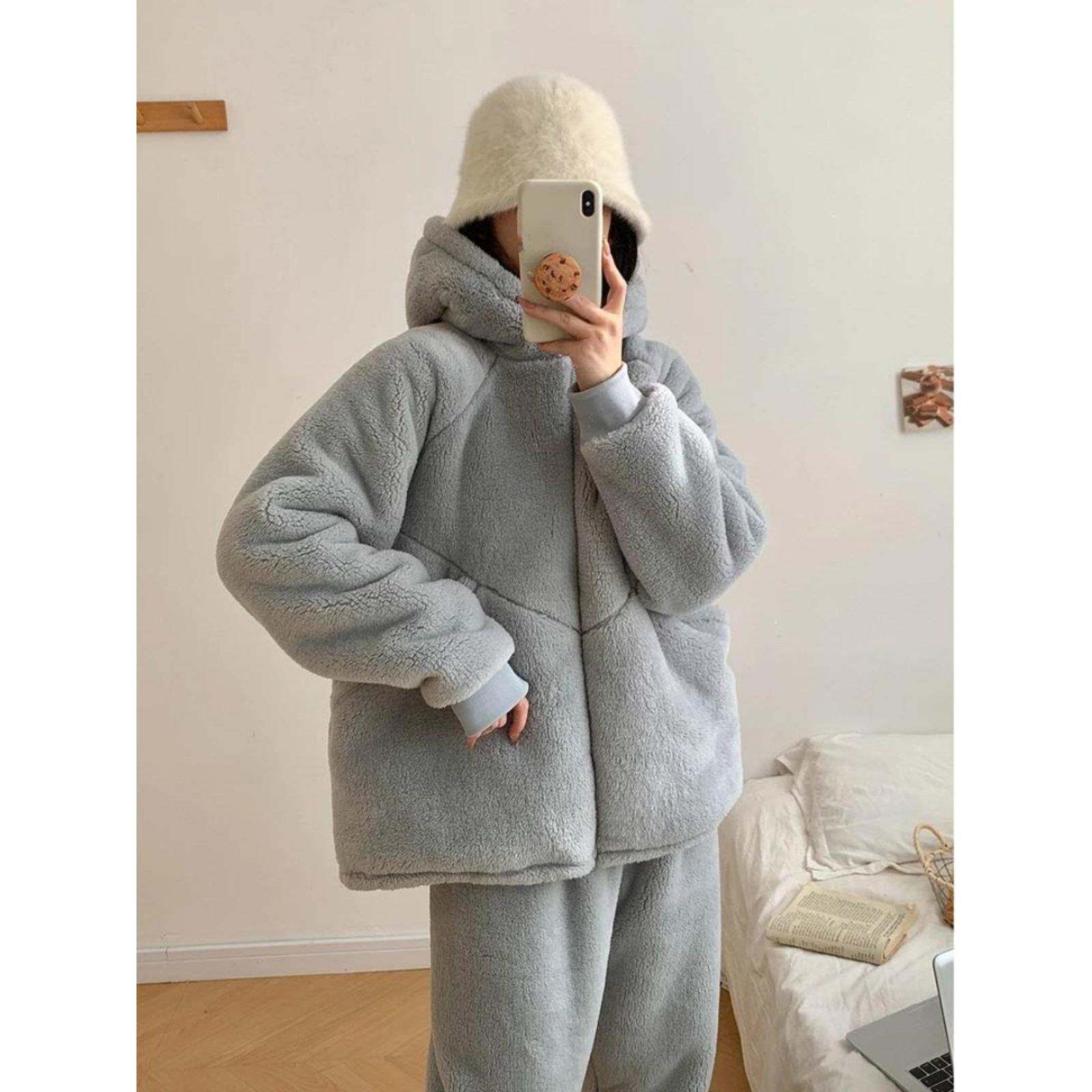 韩版连帽拉炼大口袋加厚羊羔绒睡衣女冬外穿保暖软糯牛奶绒家居服