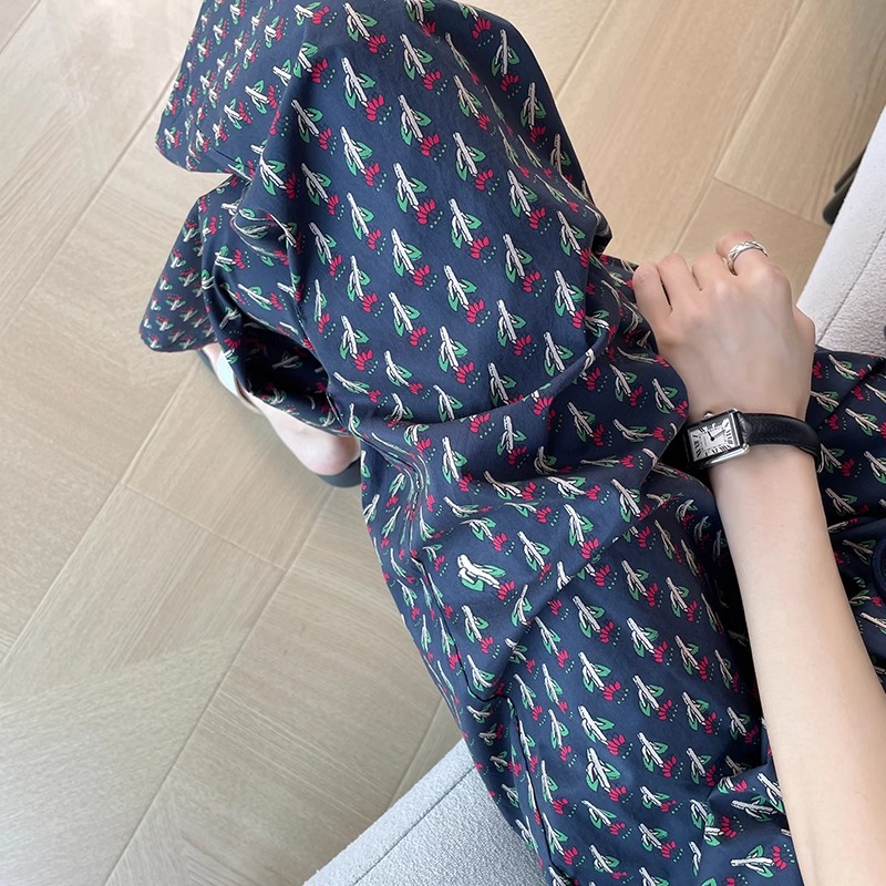 蓝色印花高腰阔腿裤女夏季薄款宽松直筒休闲凉凉裤窄版九分沙滩裤