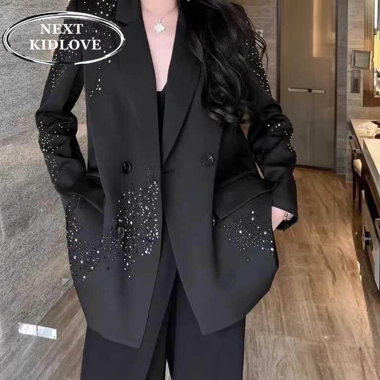 香港高级感烫钻时尚黑色西装外套女2025春秋新款设计感亮闪闪西装