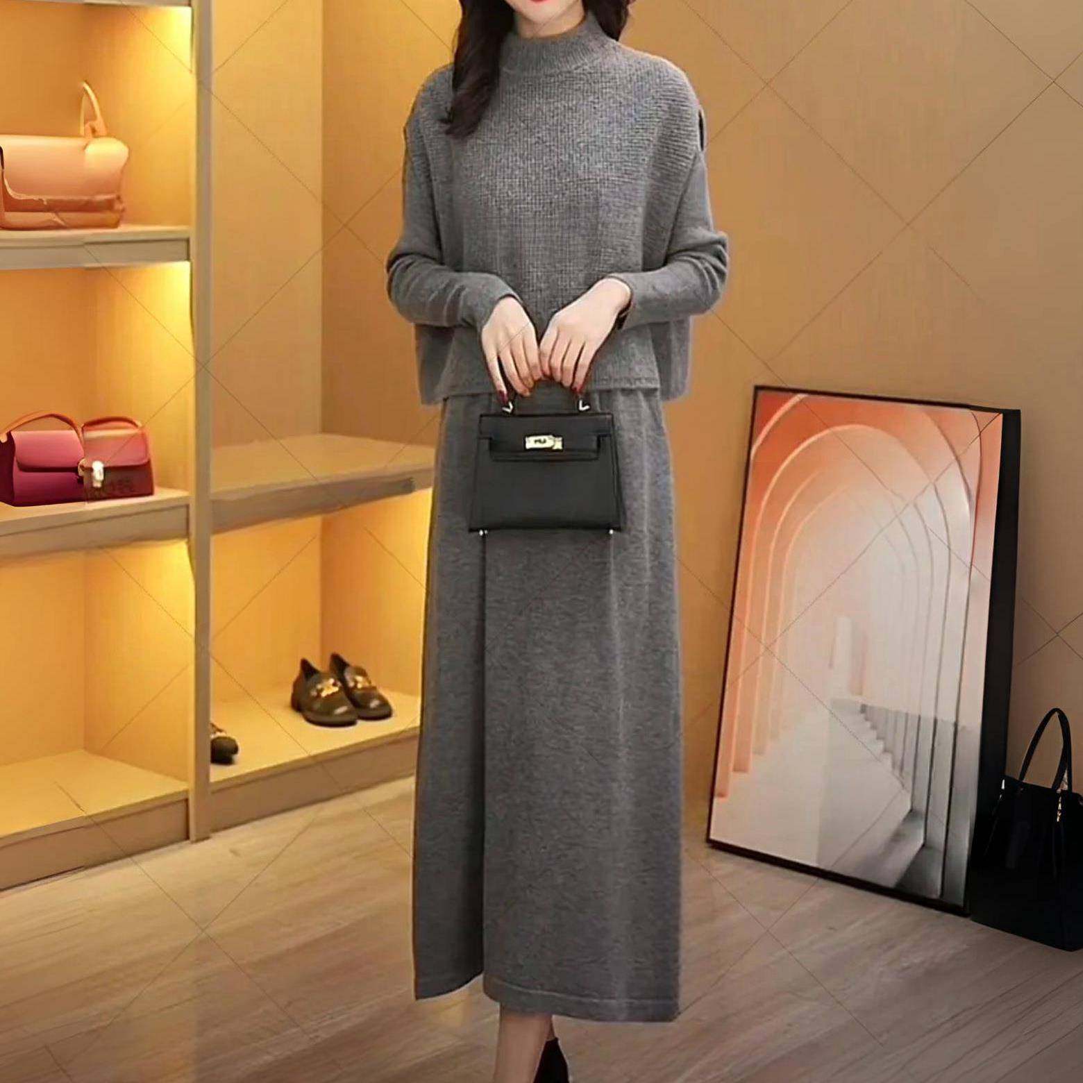 香港洋气针织斗篷马甲连衣裙两件套女秋冬时尚显瘦遮肉长款毛衣裙