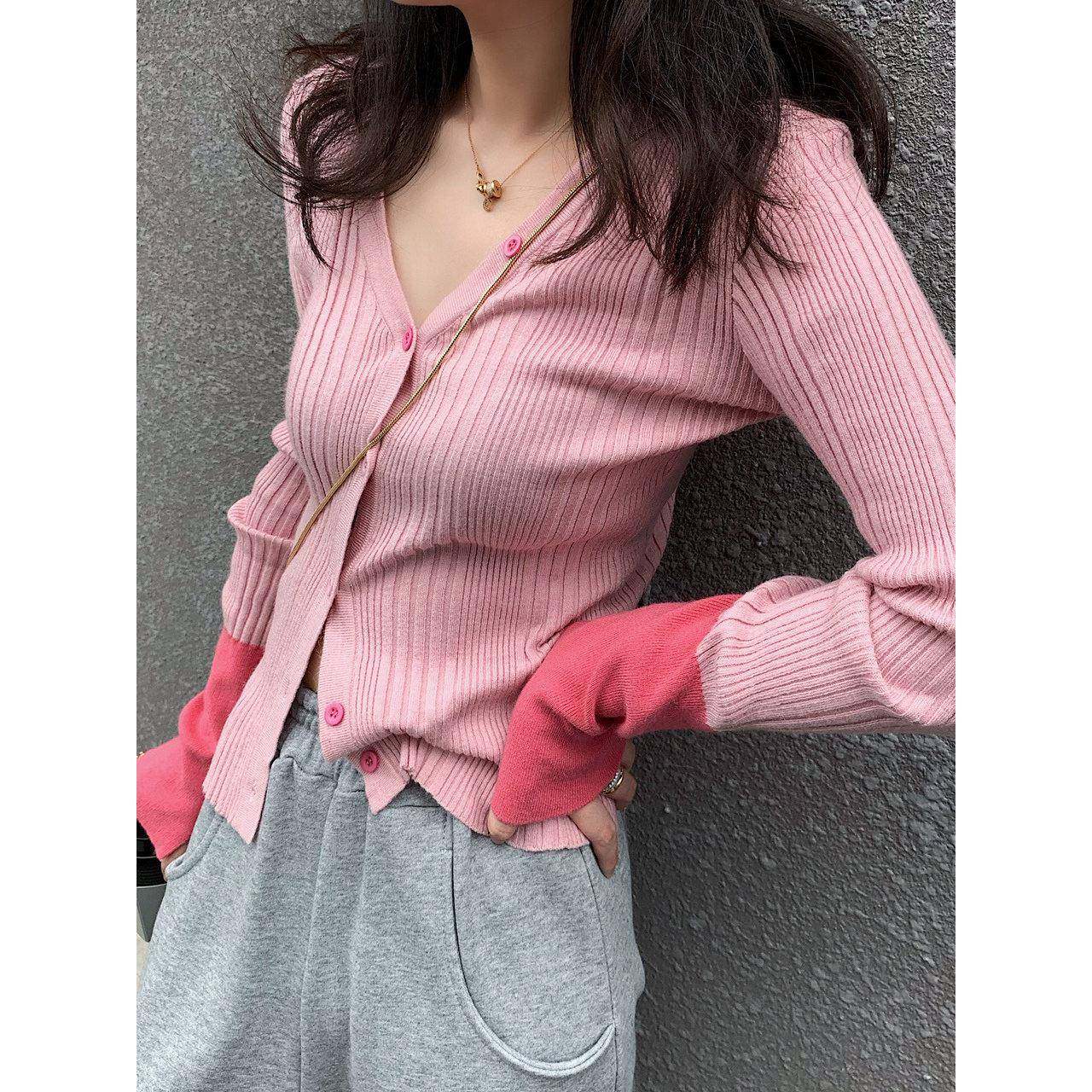 韩国柜台2025春秋季新款温柔型V领色块针织开衫长袖内衫