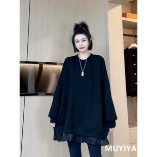 香港气质荷叶边黑色套头卫衣女2025冬季新款大码胖MM显瘦加绒上衣