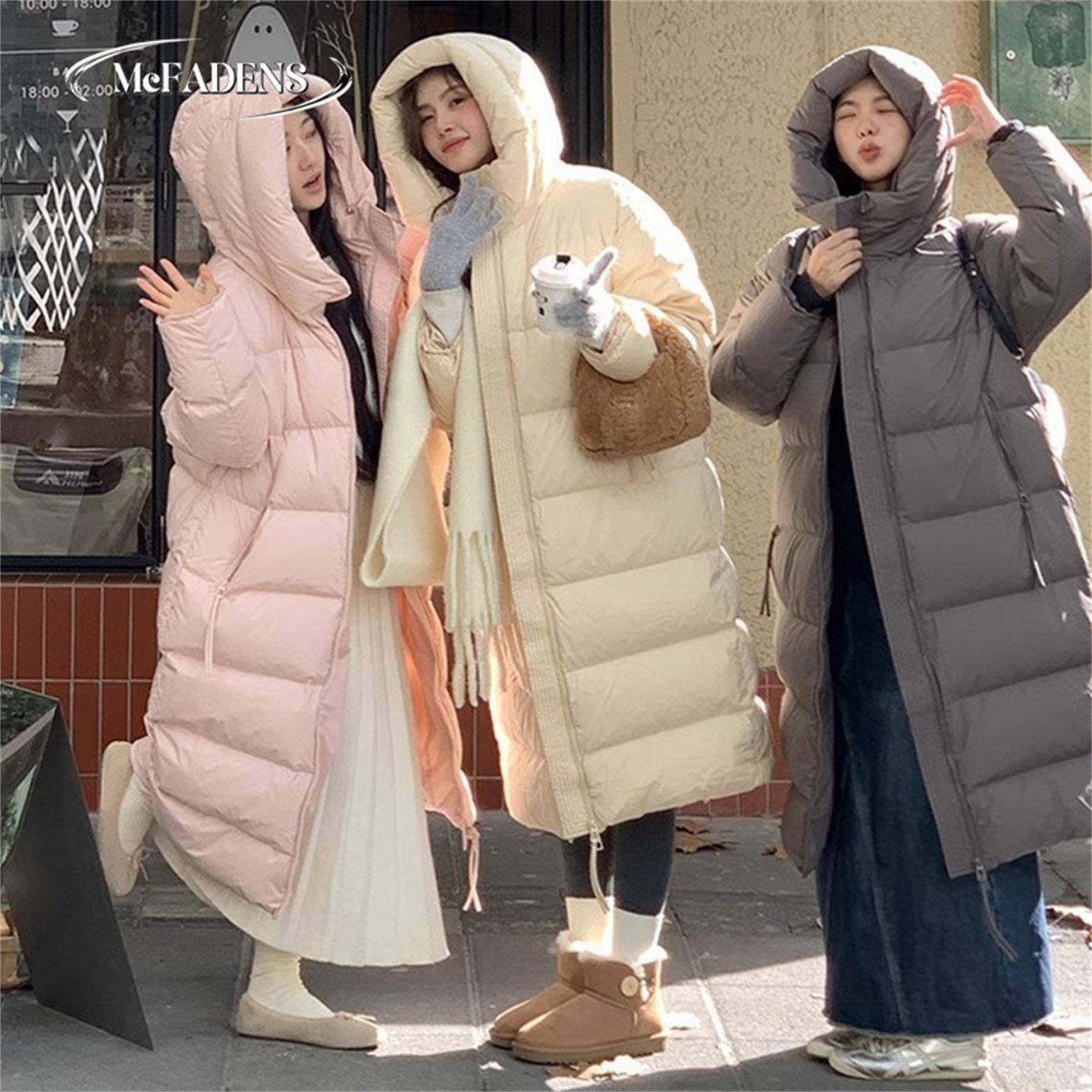 香港新款冬季白鸭绒羽绒服女纯色时尚中长款过膝连帽宽松加厚外套