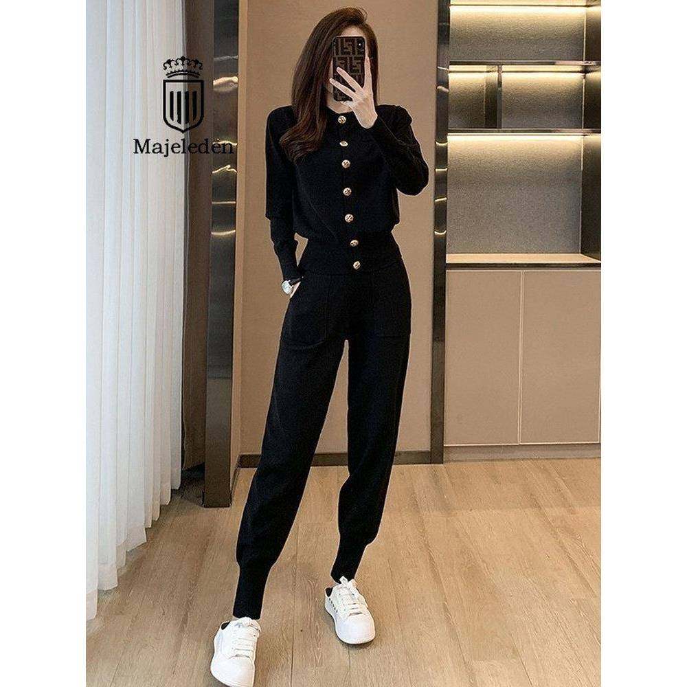 正品2025秋小香风黑色针织套装女时尚洋气修身显瘦休闲运动两件套