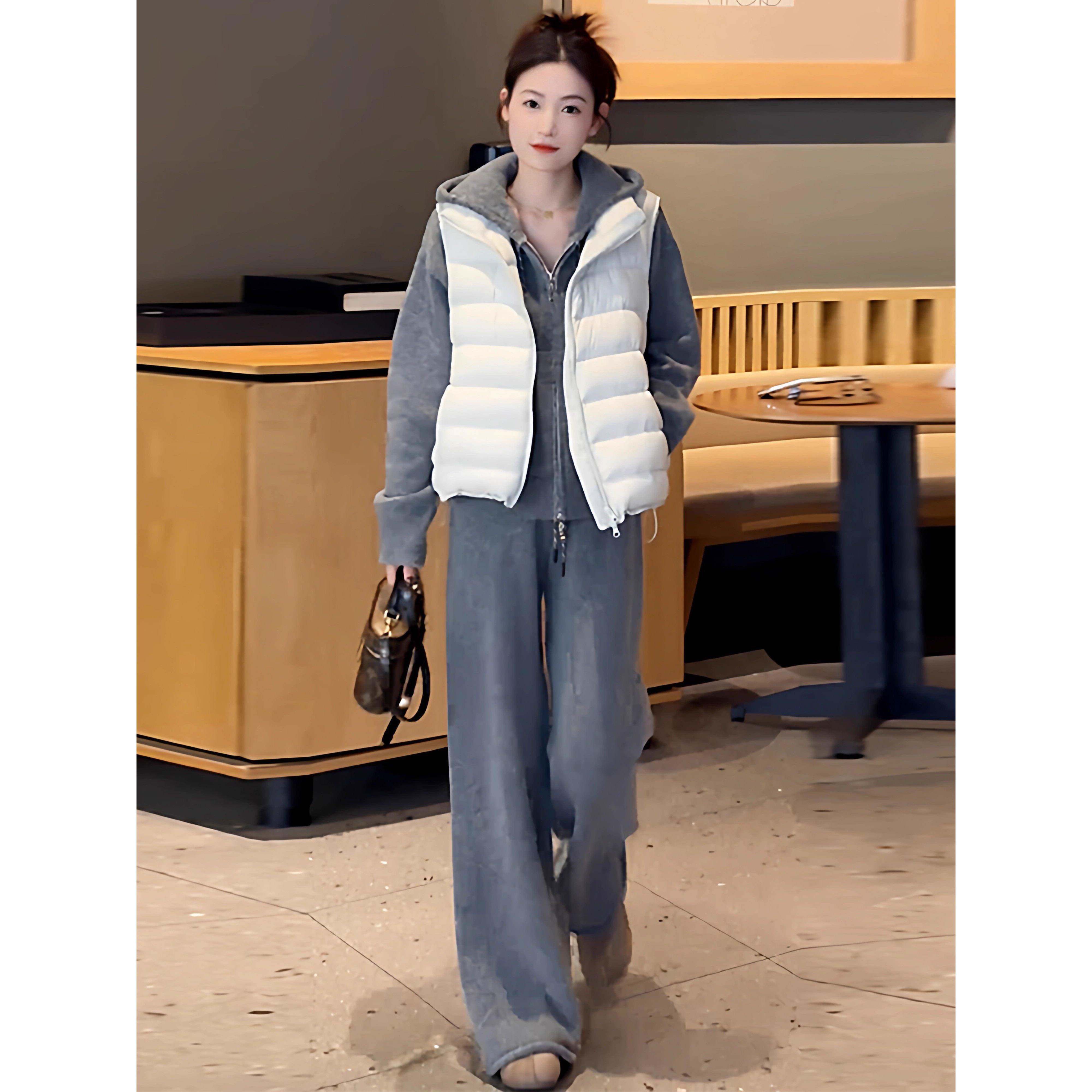 香港代购时尚休闲套装女秋冬新款洋气宽松棉马甲卫衣阔腿裤三件套