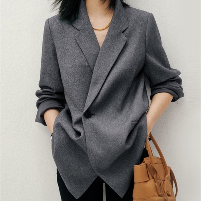 韩版一粒扣西装外套女装春秋宽松大码简约休闲小西服上衣灰色西服