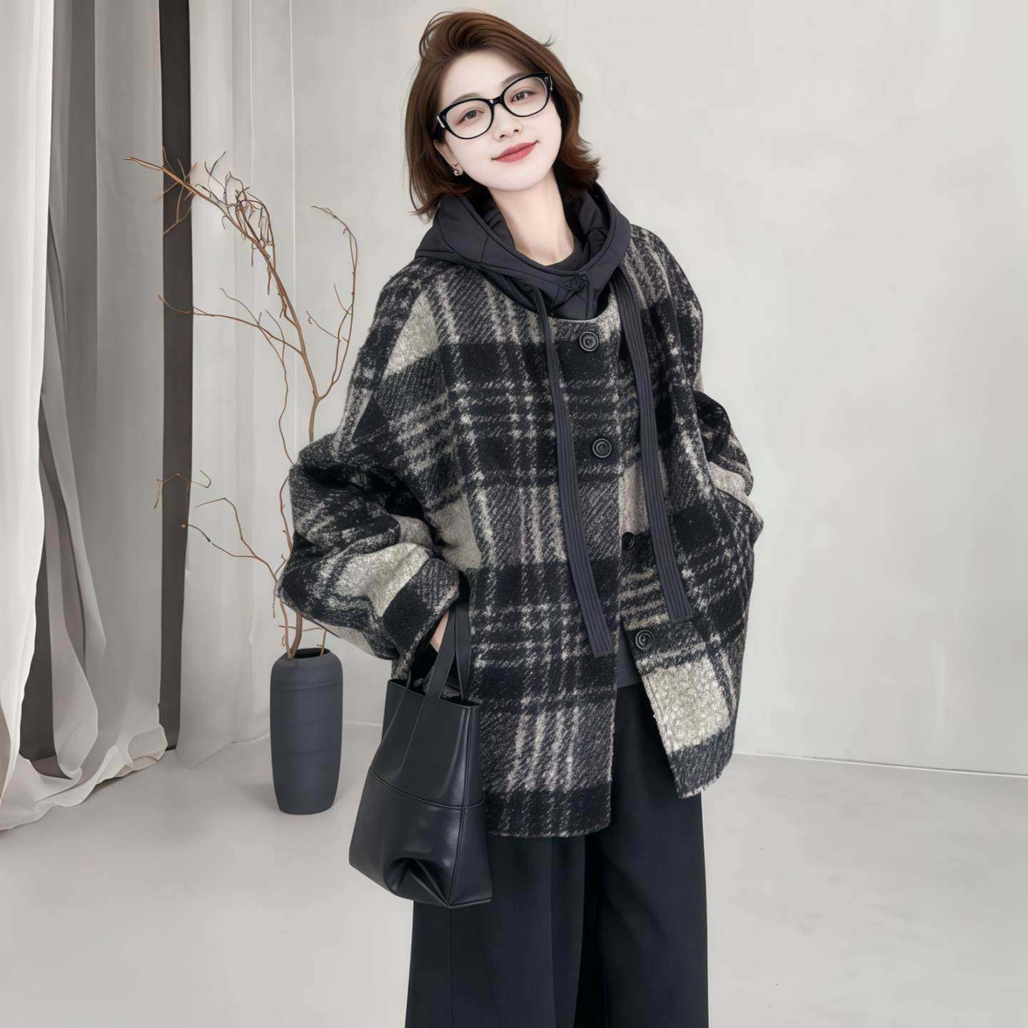 欧洲站复古格纹连帽气质外套女减龄2025秋季新款大码百搭显瘦上衣