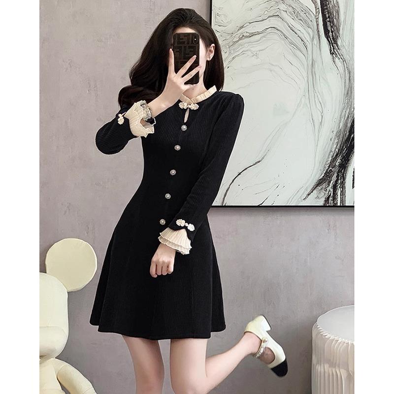 欧洲站黑色法式小香风连衣裙女2024春秋冬季新款高级感新中式裙子