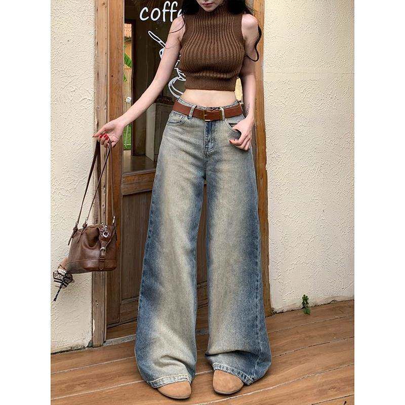 SPYB做旧晕染阔腿牛仔裤女春秋季新款小个子低腰宽松显瘦垂感裤子