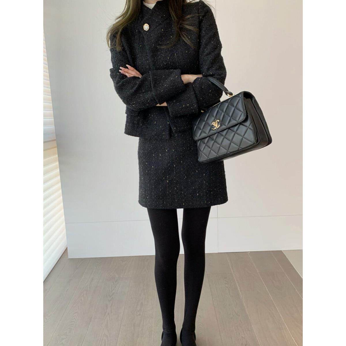 韩国2025冬新款名媛小香风加厚编织外套半身裙两件套毛呢时尚套装