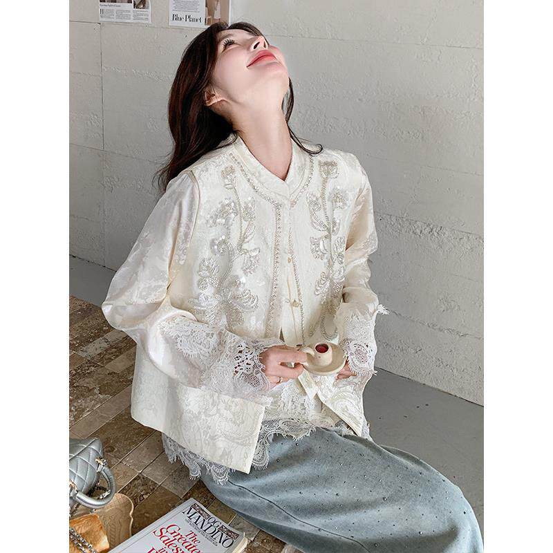 国风马甲上衣套装女2025春秋新款小个子减龄新中式蕾丝拼接两件套