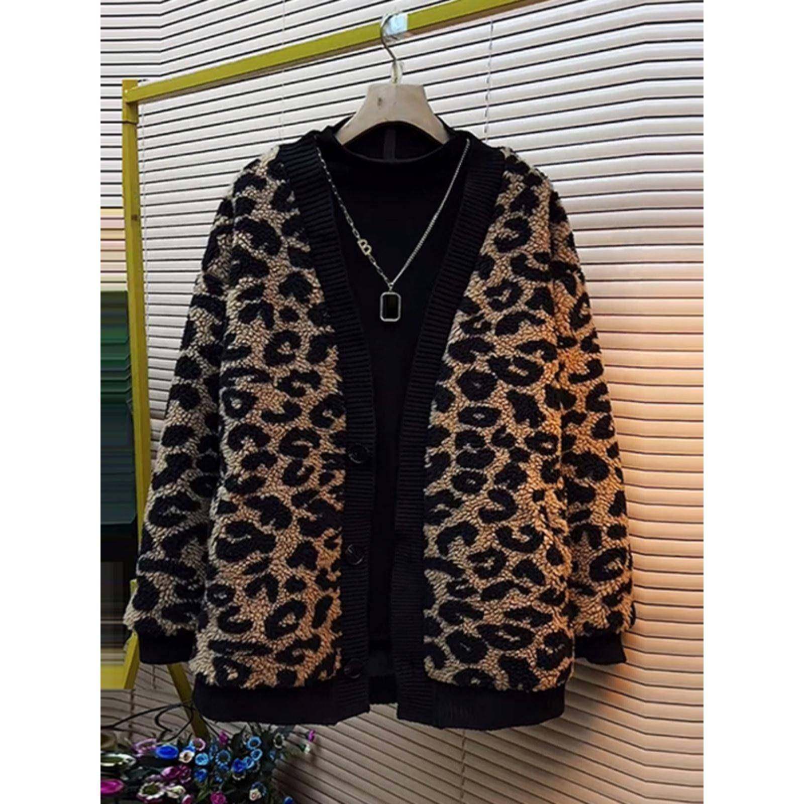 香港加大码女装拼色边豹纹毛外套胖妹妹秋冬款欧洲站洋气百搭上衣