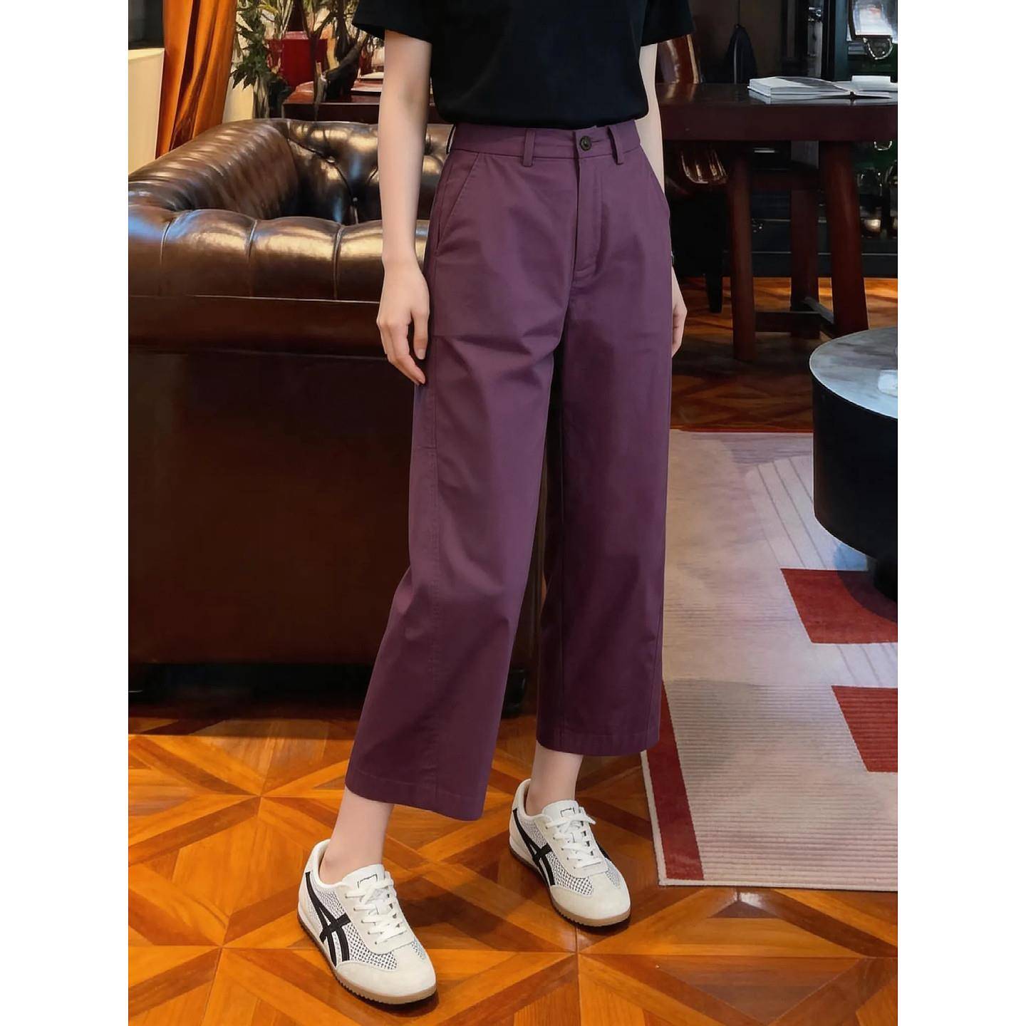 韩版时尚简约高腰显瘦宽松休闲紫色阔腿裤女小个子九分裤26夏新款