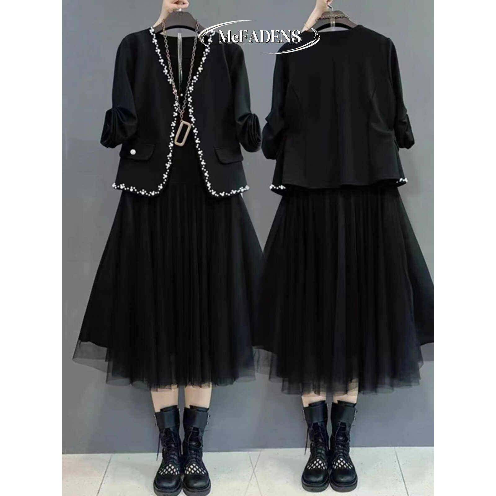 香港秋款大码显瘦时尚套装女胖mm气质钉珠西服拼纱连衣裙两件套