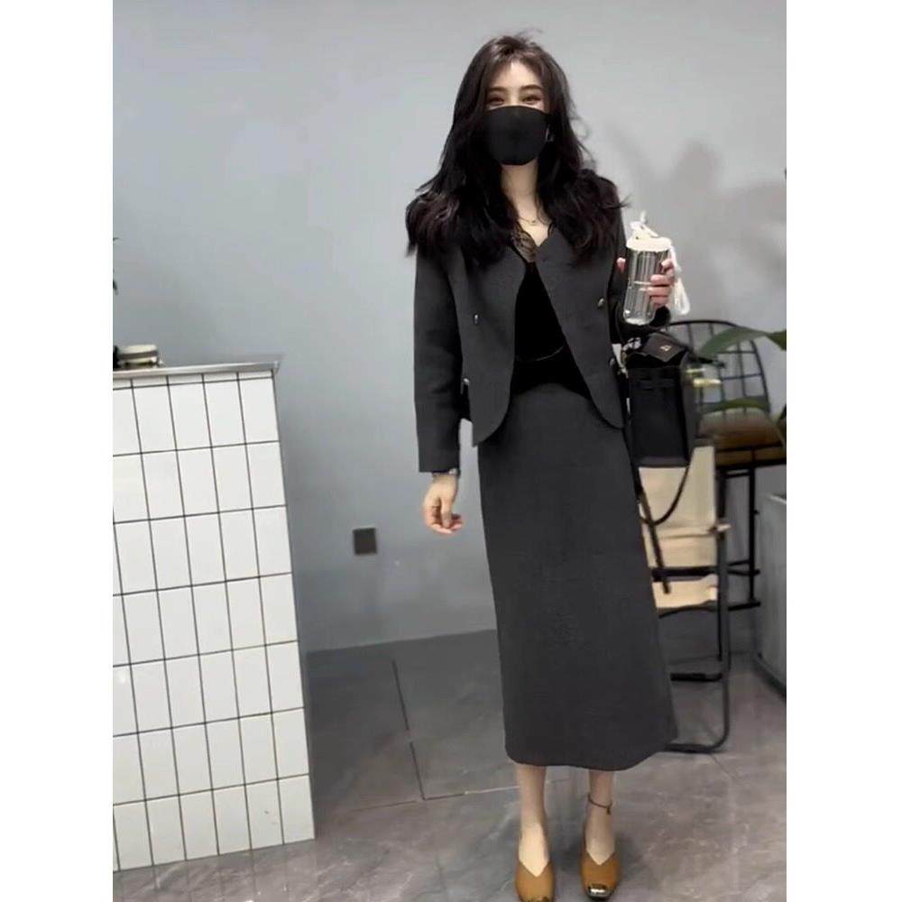 香港轻奢法式小香风套装裙女秋大码胖mm显瘦西装外套半身裙两件套
