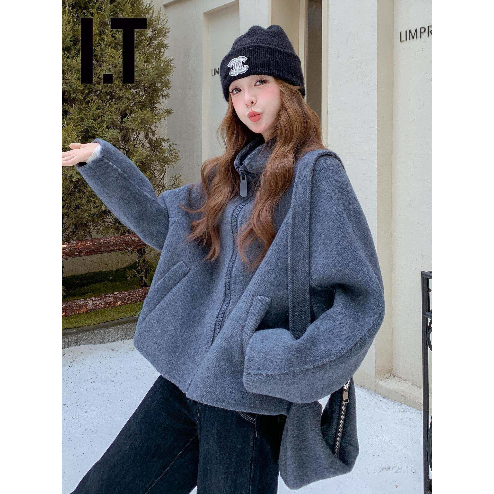 香港秋冬新款韩系短款双面羊绒大衣女高级感拉炼开衫加厚毛呢外套