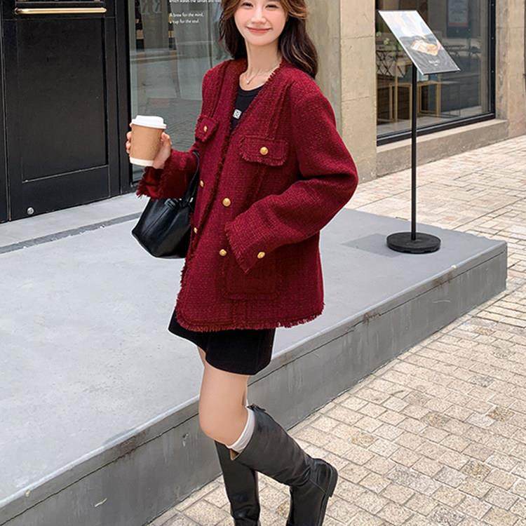 香港秋新款法式名媛安可拉红小香风外套女高级感流苏气质短款上衣