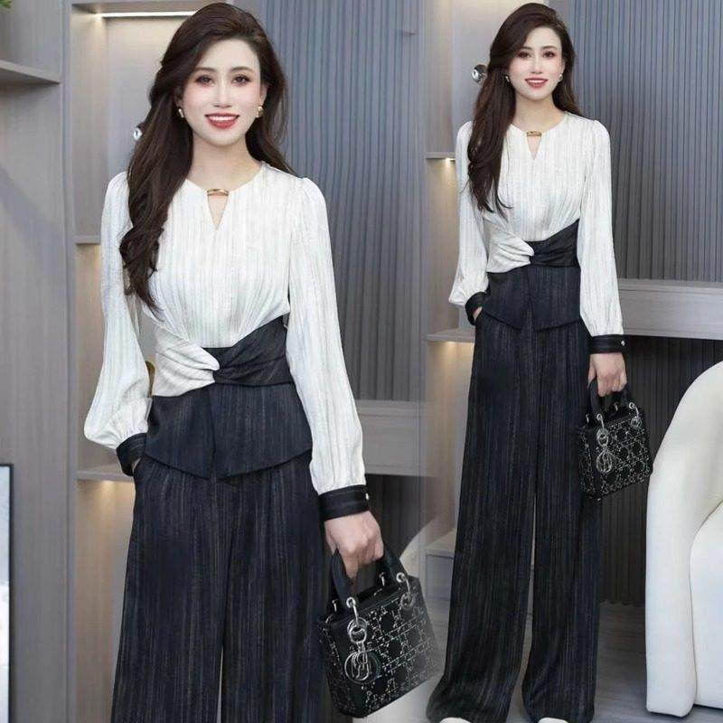 香港代购时尚套装女春新款撞色拼接长袖衬衣阔腿裤气质显瘦两件套