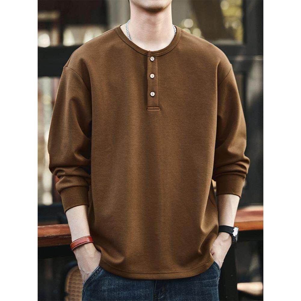 重磅纯棉长袖t恤男士春秋2025新款时尚扣子卡其卫衣男款宽松上衣