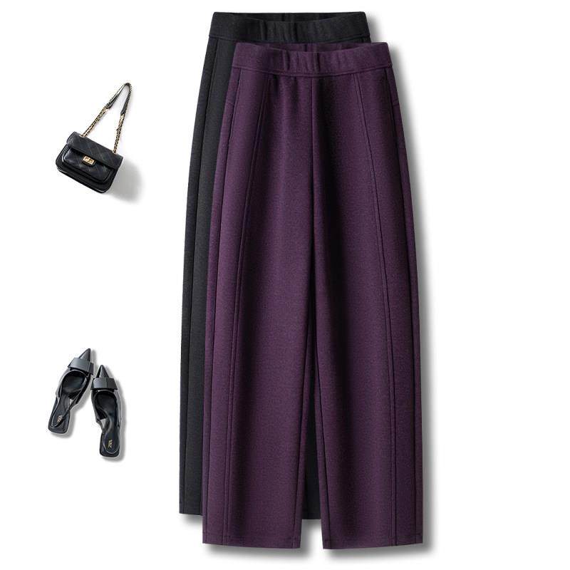 高品质乌梅紫色羊毛镰刀裤女士秋冬新款高腰香蕉裤加厚窄版阔腿裤