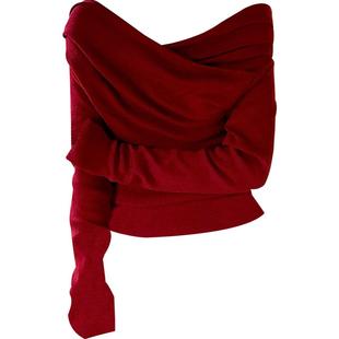 新品香港秋冬安可拉红一字领露肩长袖针织衫女本命年战袍打底上衣