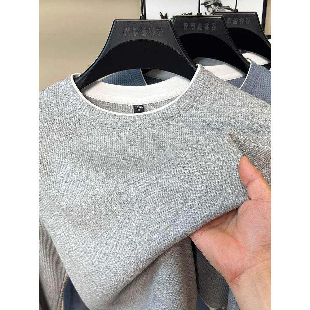 MAROLIO~秋季华夫格纯棉假两件双圆领卫衣男士套头开叉T恤打底衫