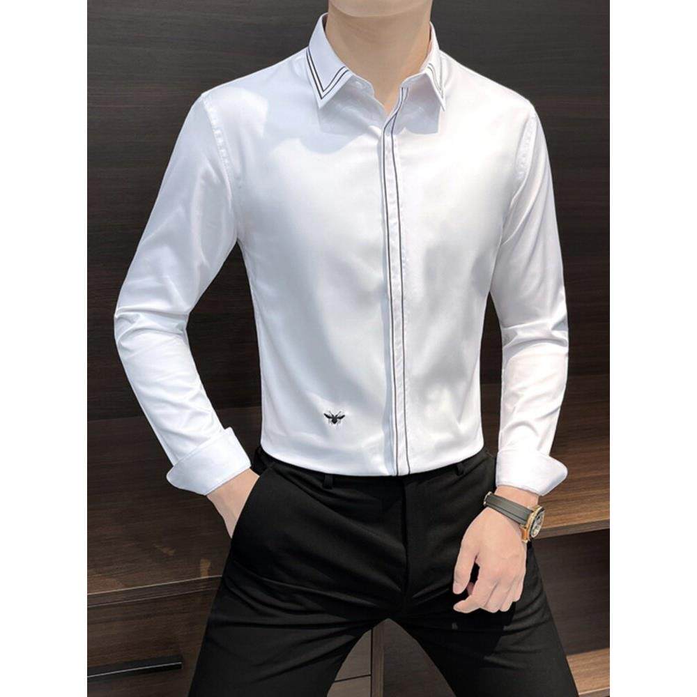 潮牌1212拼色条纹男式高级感痞帅衬衫长袖秋季男士商务刺绣白衬衣