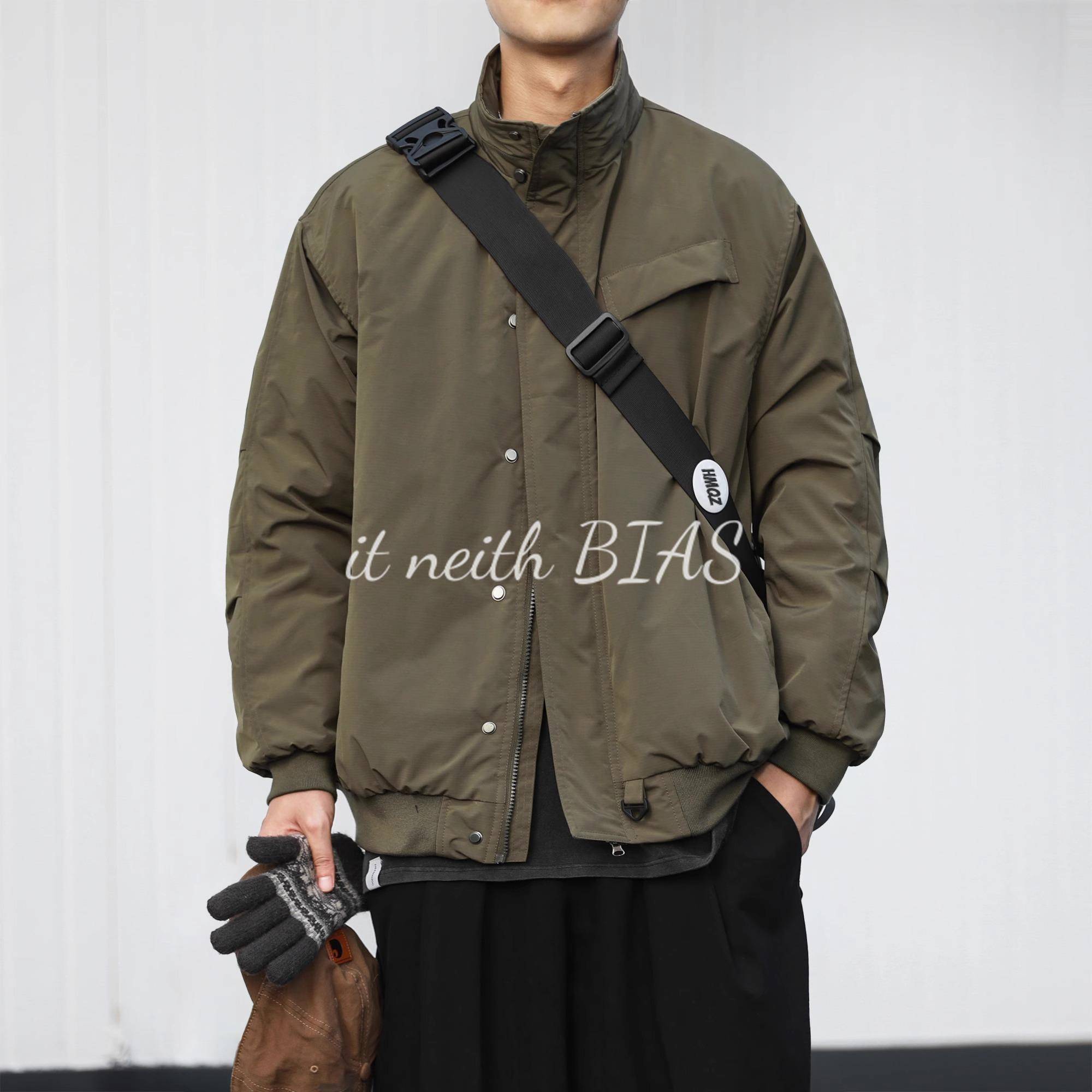 it neith BIAS日系复古冬季男士超细暗格纹肌理棉衣立领棉服外套