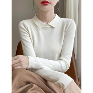米色软糯气质Polo领毛衣上衣女秋冬修身显瘦小翻领内搭针织打底衫