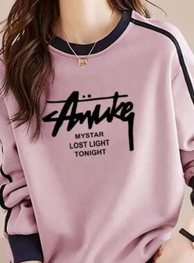 香港TIMO时尚加绒长袖拼色圆领卫衣女春宽松时尚百搭休闲印花上衣