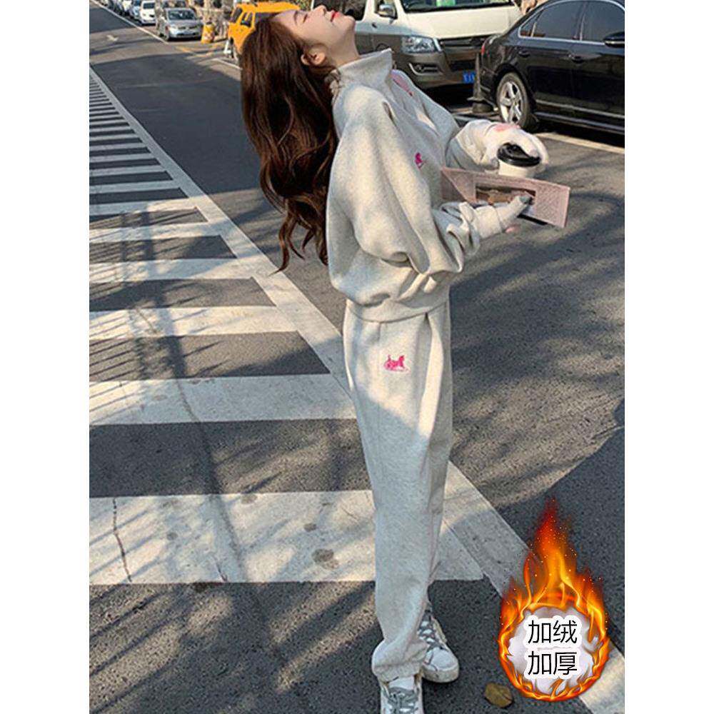 香港2024年春秋冬季欧货运动服套装女宽松卫衣加绒减龄休闲两件套
