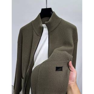 高端立领拉炼开衫抓绒衣男秋冬季加厚保暖针织衫简约百搭纯色毛衣