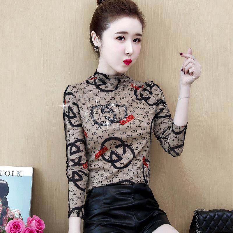 香港大码女装秋冬新款网纱烫钻打底衫女加绒加厚修身保暖上衣显瘦