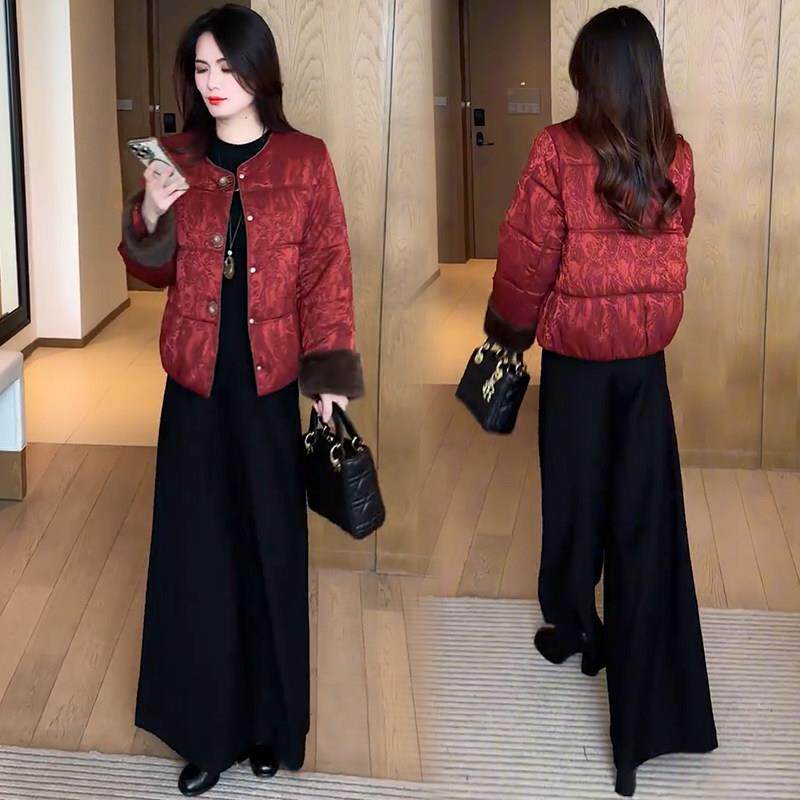 香港代购新中式羽绒棉服女冬季新款显瘦国风提花圆领保暖棉衣外套