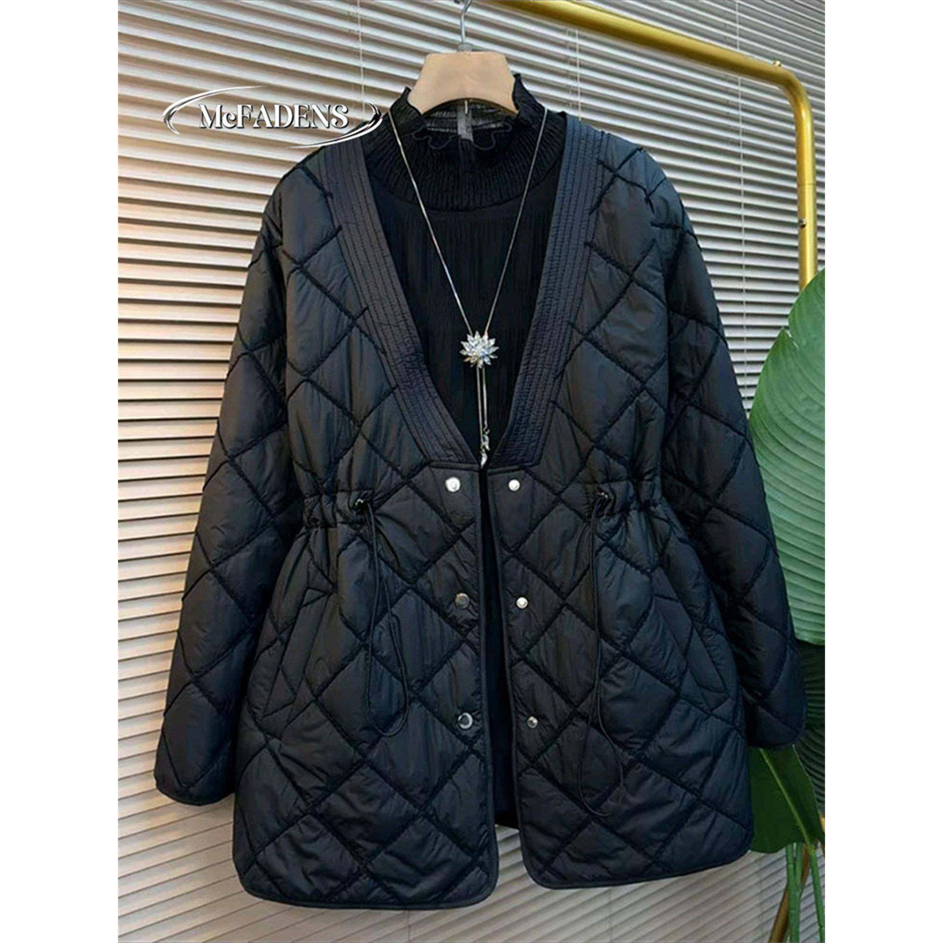 香港覆古胖妹妹新款大码女装时尚港风收腰菱格棉服百搭气质外套女