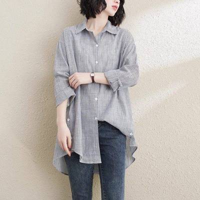 欧洲站条纹纯棉衬衫女士设计感小众新款2025年春秋长袖中长版上衣