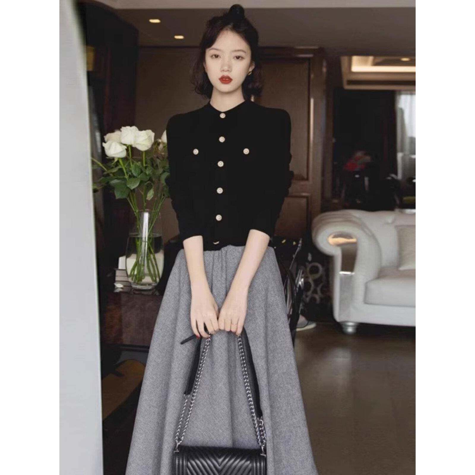 MUAMY秋冬新款港味覆古名媛气质赫本风通勤职业上衣半身裙两件套