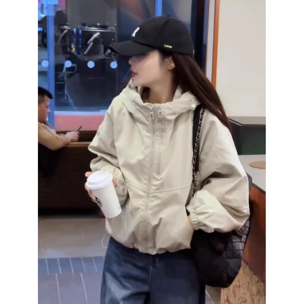 冲锋衣外套女2025春秋款新双拉炼连帽短款韩版休闲百搭设计感上衣