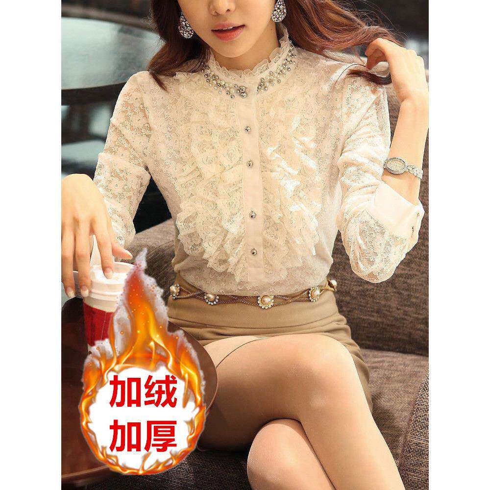 韩国秋冬装镂空立领蕾丝衫女长袖胖妹妹加绒加厚衬衫打底衫上衣