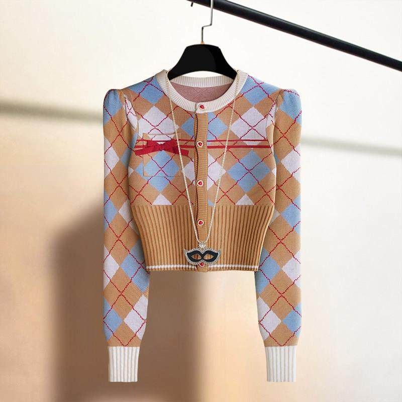 潮牌高腰菱格小香风针织开衫女2025春秋季外搭显瘦短上衣毛衣外套,女装/女士精品,毛针织衫,淘宝优惠券,粉丝福利购,淘宝优惠卷