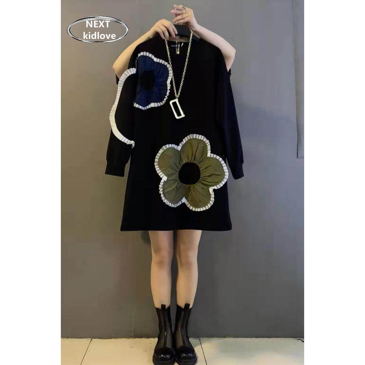 香港大码女装春秋冬款圆领黑色卫衣裙遮肉宽松中长款长袖连衣裙潮