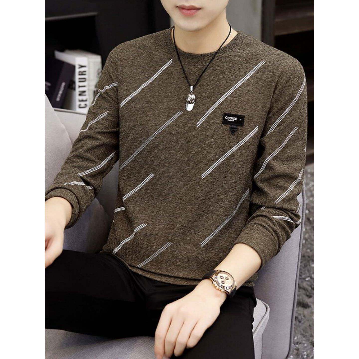 高端潮流印花打底衫男春秋圆领修身薄款男士条纹休闲纯棉长袖t恤