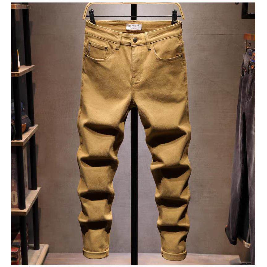 时尚品牌经典休闲牛仔裤男士春夏水洗卡其布弹力简单的欧美风格修