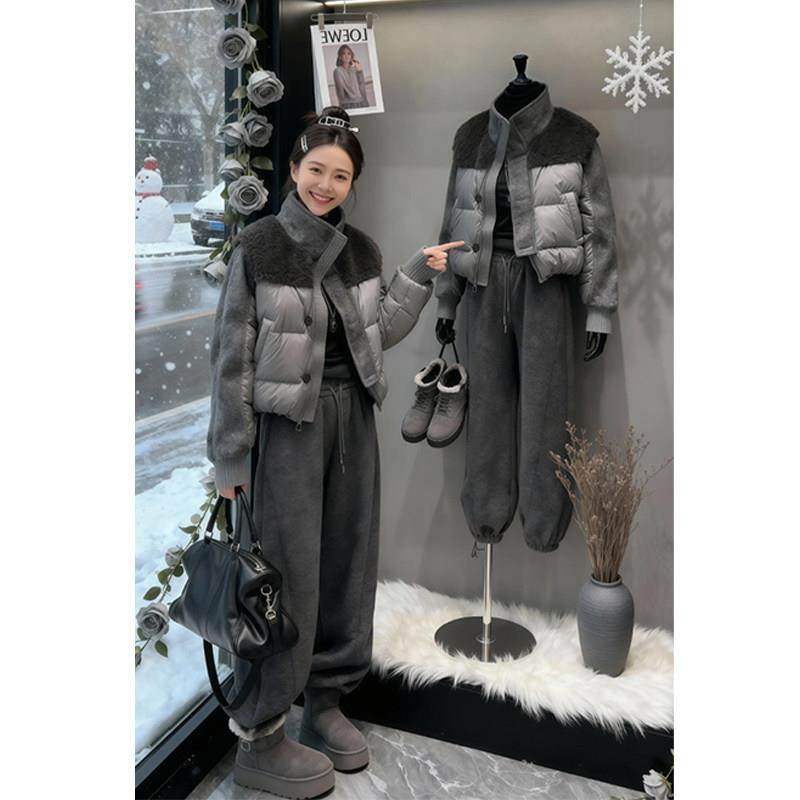 欧洲站时尚套装女2025年冬季针织拼接羽绒棉服外套休闲长裤两件套