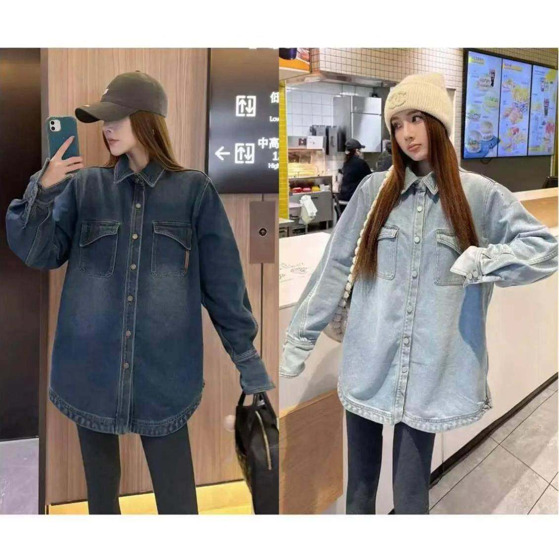 香港美式复古水洗牛仔衬衫外套女冬季宽松加厚中长款叠穿衬衣欧货