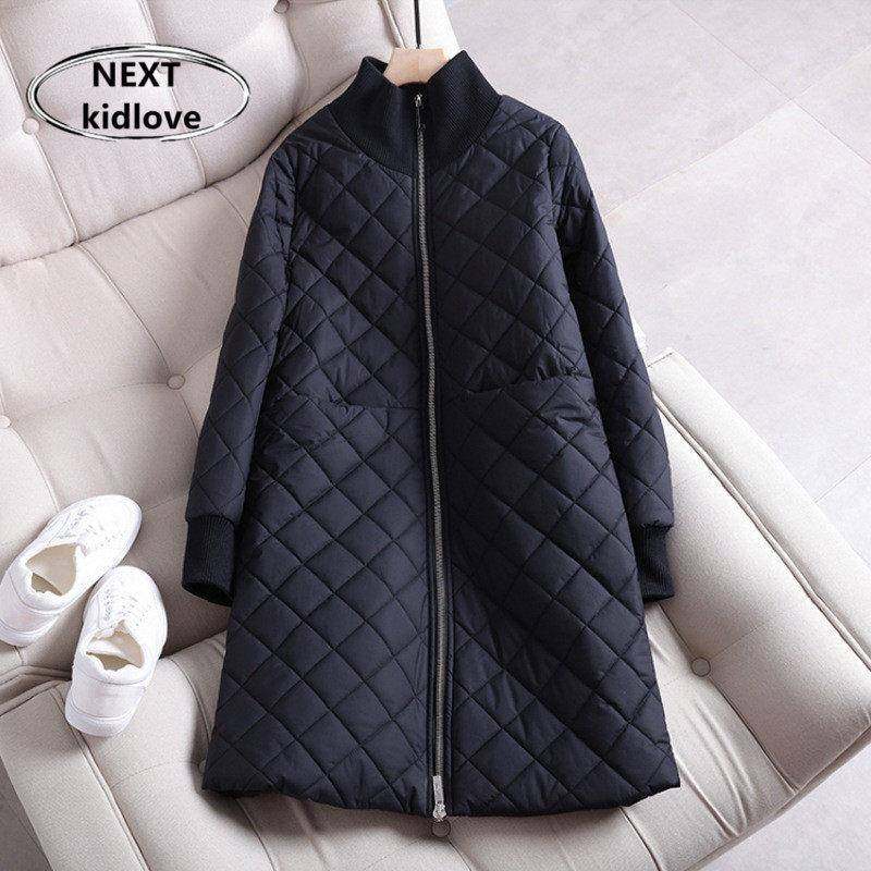 香港秋冬新款欧货菱格黑色棉衣外套女中长款显瘦休闲夹棉加厚大衣