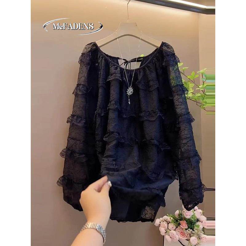 香港欧式时尚飞边蕾丝饼层，减龄时尚微胖毫米大码贴身瘦身衬衫