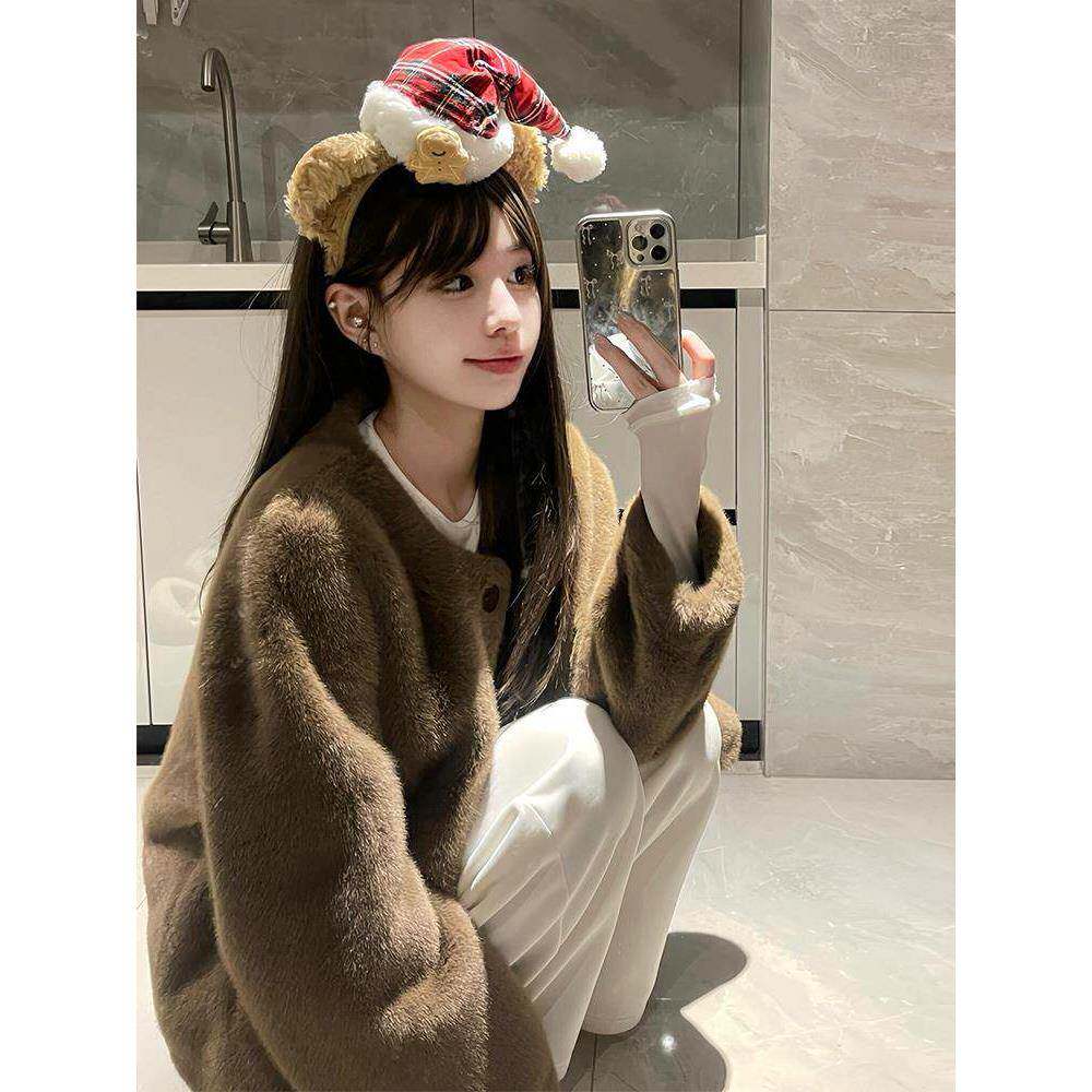 欧洲站2025年冬季新款貂毛短款羊毛皮草外套女奶里奶气毛毛外套