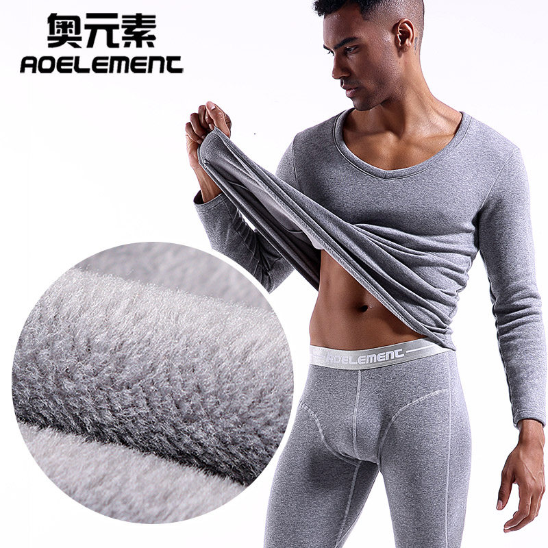 奥元素秋冬季男士加厚加绒冬V领紧身修身棉秋衣秋裤保暖内衣套装