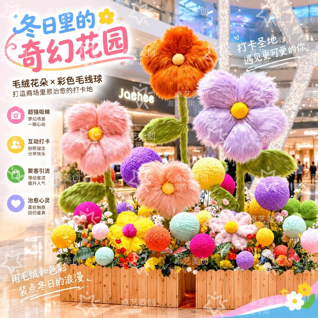 冬日奇幻花园毛绒花朵网红橱窗落